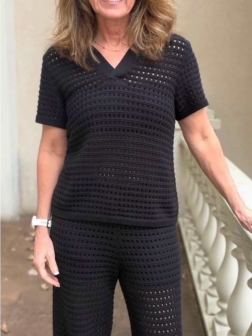 Cabi Cove Top & Pant Set Black Crochet Knit